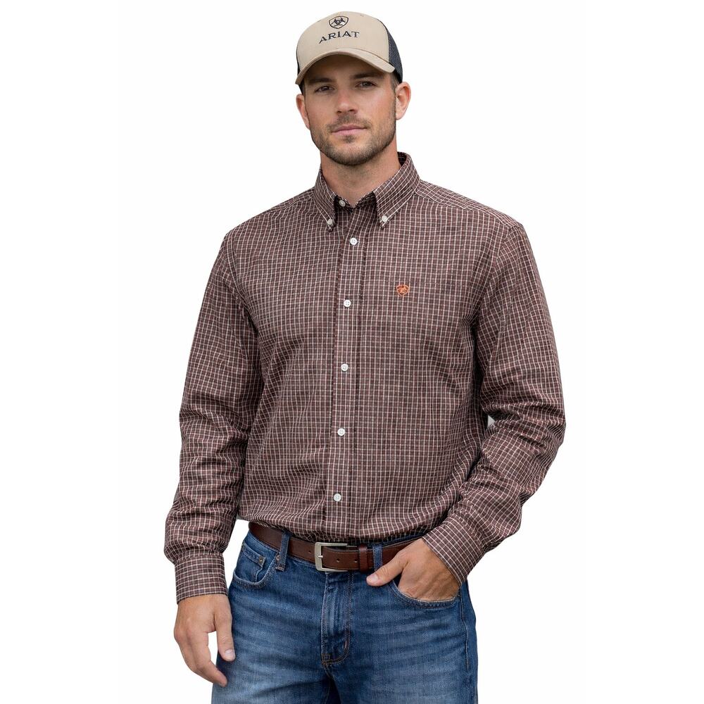Ariat Men’s Large Brown Plaid Wrinkle Free Button Down Shirt Long Sleeve Western